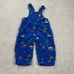 Vintage Corduroy Driving Force Overalls Baby 24M Blue Dinosaur Print Snaps